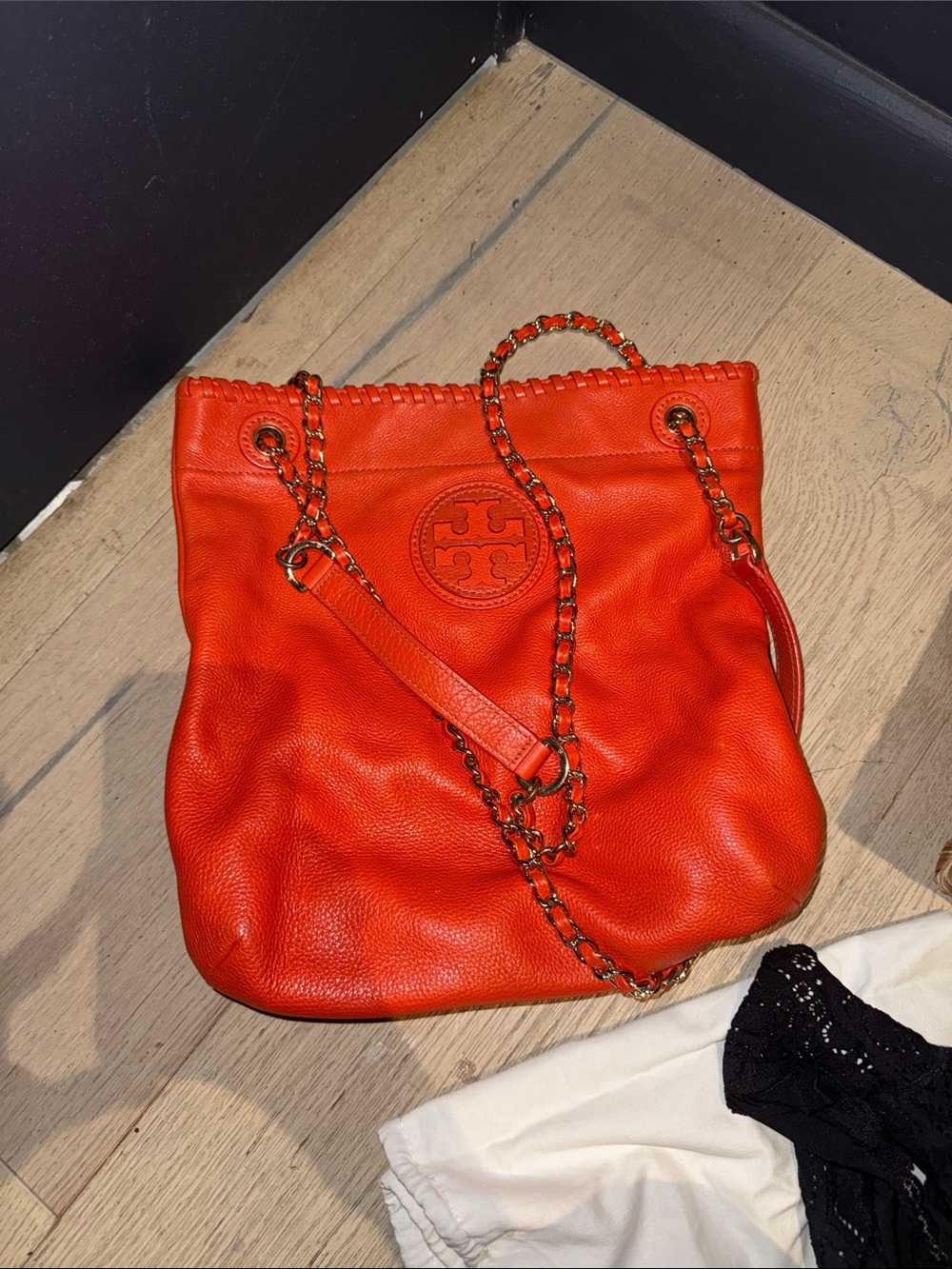 Tory Burch Bright Orange Leather Chain-Handle Shoulder Bag